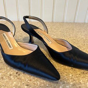 Manolo Blahnik Black Satin Slingbacks w/ pointed toe, 37 1/2 with 2" kitten heel